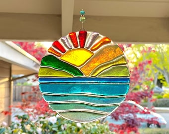 Fused Glass Sunset Suncatcher, Round Sunset Glass Wall Art, Sunset Over Mountain Lake, Ocean Waves, Turquoise Sea Glass Art