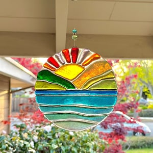 Fused Glass Sunset Suncatcher, Round Sunset Glass Wall Art, Sunset Over Mountain Lake, Ocean Waves, Turquoise Sea Glass Art