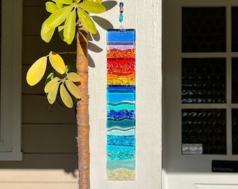 Fused Glass Beach Sunset Suncatcher, Sunset Glass Wall Art, Blue Ocean Waves, Turquoise Sea Glass Art