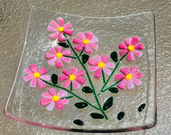 Fused Glass Plate, Glass Pink Flowers, Floral Dish, Jewelry Keeper, Soap Dish, Valentine's Day Gift