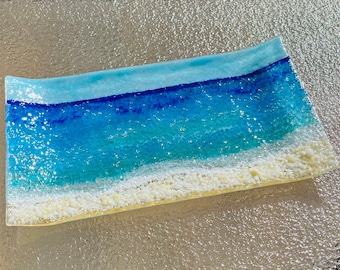 Fused Glass Beach Wave Tray, Turquoise Blue Sea Glass Dish, Beach Glass Plate, Ocean Wave Glass Art