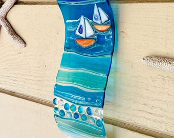 Fused Glass Ocean Wave Art, Sailboats Wall Decor, Beach Glass Boat Sculpture