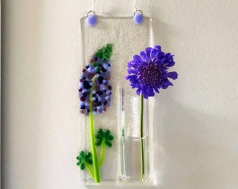 Fused Glass Wall Vase, Purple Wall Hanging Bud Vase, Purple Lupine Flower, Mothers Day Flowers, Birthday Flower Gift