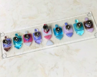 Fused Glass Dreidels Menorah, Bat Mitzvah Gift, Pink and Purple Girls Hanukkah Menorah, Jewish Wedding Glass Gift