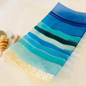 Fusing Glass Strand Servierplatte, Ocean Wave Glaskunst, Ocean Beach Serviertablett, Glas Meer und Himmel