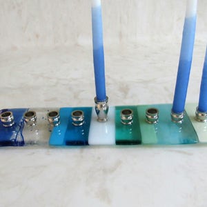 Fused Glass Hanukkah Menorah, Ocean Beach Colors, Wave Decor