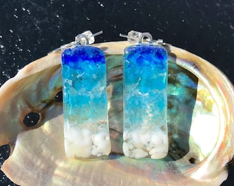 Fused Glass Beach Earrings, Glass Ocean Waves Jewelry, Turquoise Blue Glass Earrings