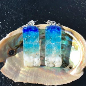 Fused Glass Beach Earrings, Glass Ocean Waves Jewelry, Turquoise Blue Glass Earrings
