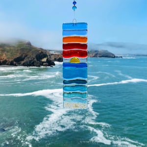 Fused Glass Beach Sunset Suncatcher, Sunset Glass Wall Art, Blue Ocean Waves, Turquoise Sea Glass Art, Beach House Decor