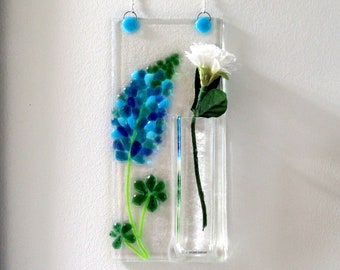 Fused Glass Wall Vase, Wall Hanging Bud Vase, Turquoise Blue Lupine Flower, Mothers Day Flowers, Birthday Flower Gift