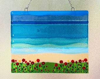 Fused Glass Beach Art, Wildflowers By The Ocean Window Panel, Flowers Suncatcher, Ocean Waves Wall Decor