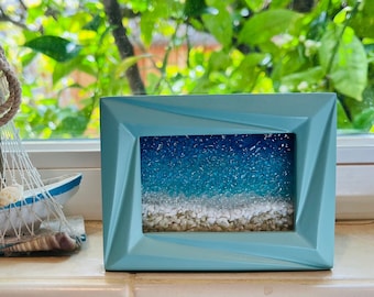 Fused Glass Ocean Waves, Framed Beach Art Picture, Mini Tabletop Frame Beach Glass Art