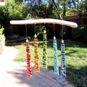 Fused Glass Rainbow Windchime, Glass and Driftwood Mobile, Rainbow Glass Suncatcher, Rainbow Glass Wall Art, Garden Mosaic Decor