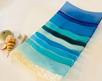 Fused Glass Beach Platter, Ocean Wave Glass Art, Ocean Beach Serving Tray, Glass Sea and Sky