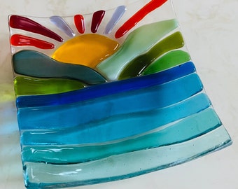 Fused Glass Sunset Plate, Sunset Over Mountain Lake, Sunset Beach Dish, Ocean Waves Glass Art