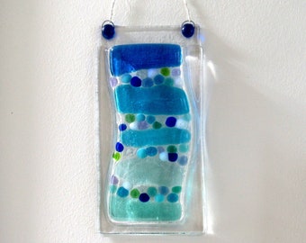 Fused Glass Pocket Vase, Wall Hanging Modern Flower Vase, Blue, Turquoise Waves,  Beach Wall Vase, Office Wall Decor
