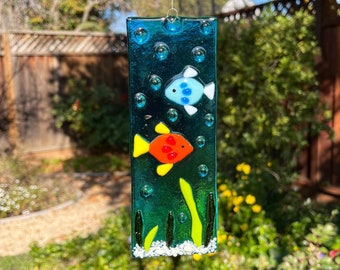 Fused Glass Fish Suncatcher, Beach Glass Wall Art, Glass Ocean Waves, Underwater Glass Art, Tropical Window Panel