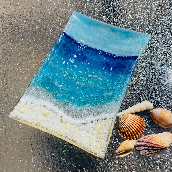 Fused Glass Beach Soap Dish, Turquoise Blue Sea Glass Plate, Ocean Glass Art, Beach Jewelry Keeper, Ocean Waves