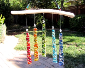 Fused Glass Rainbow Windchime, Glass and Driftwood Mobile, Rainbow Glass Suncatcher, Rainbow Glass Wall Art, Garden Mosaic Decor