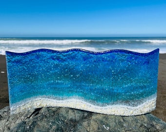 Fused Glass Ocean Wave, Free Standing Glass Wave Art, Beach Glass Sculpture, Windowsill Decor, Beach Wedding Gift
