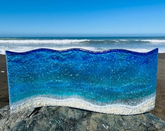 Fused Glass Ocean Wave Art, Coastal Decor, Beach Wedding Gift, Free Standing