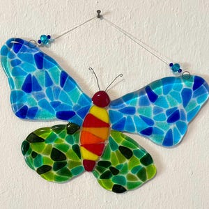 Fused Glass Butterfly Wall Decor, Glass Mosaic Butterfly Suncatcher, Happy Wall Hanging, Glass Art Garden Decor