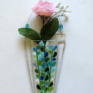 Fused Glass Wall Vase, Hanging Pocket Flower Vase, Blooming Branches, Blue Turquoise White, Mothers Day Flowers imagem 1