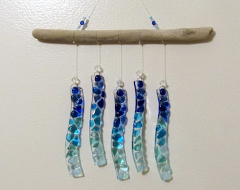 Fused Glass Beach Windchime, Glass and Driftwood Mobile, Turquoise Sea Glass Suncatcher, Ocean Wave Glass Wall Art, Garden Mosaic Decor