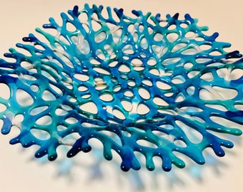Fused Glass Coral Bowl, Large Branching Coral Wall Decor, Turquoise Blue Ocean Waves Ruffle Bowl, Beach Glass Art