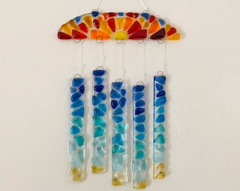 Fused Glass Beach Sunset Wind Chime, Ocean Wave Mobile, Turquoise Sea Glass Suncatcher, Garden Decor, Beach House Mosaic Wall Art