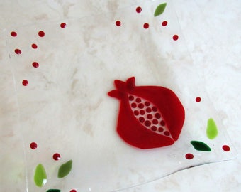 Fused Glass Plate, Red Pomegranate Platter, Rosh Hashanah Serving Dish, Jewish New Year, Jewish Wedding Gift, Rimon