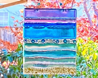 Fused Glass Beach Suncatcher, Sea Glass Wall Art, Blue Ocean Waves, Handmade Murrine Glass Art, Tropical Window Panel