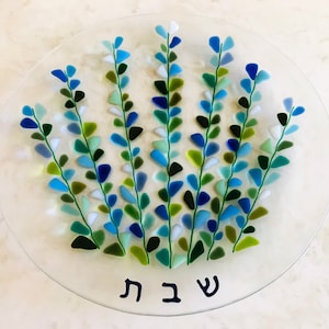Fused Glass Shabbat Plate, Challah Tray, Blooming Branches in Blue, Jewish Wedding Glass, Judaica Gift