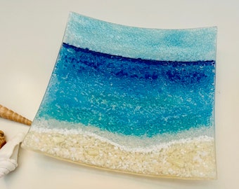 Fused Glass Beach Plate, Turquoise Blue Sea Glass Dish, Ocean Glass Art, Beach Jewelry Keeper, Ocean Soap Dish