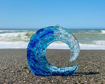 フューズドガラスの海の波アート、ガラスの波の壁飾り、青い海の フューズドガラスの海の波アート、ガラスの波の壁飾り、青い海の