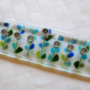 Hanukkah Menorah Glass, Fused Glass Menorah, Blooming Branches Hanukkah Candles in Blue and White, Jewish Wedding Glass Gift