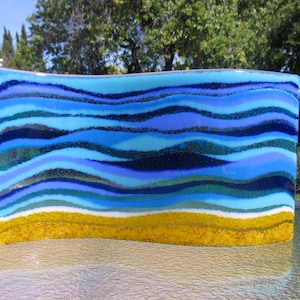 Beach Glass Art, Free Standing Glass Wave Art, Turquoise Sea Glass, Windowsill Art, Beach House Decor, Ocean Waves