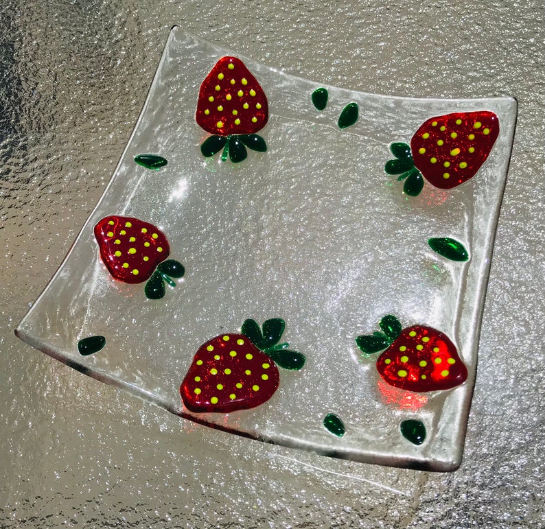 Fused Glass Strawberry Plate Red Glass Strawberries Berry Etsy
