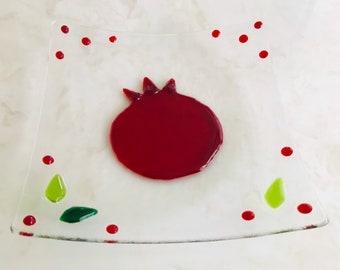 Pomegranate Glass Plate, Red Pomegranate Fused Glass Decor, Rosh Hashanah Dish, Jewish Wedding Gift, Judaica