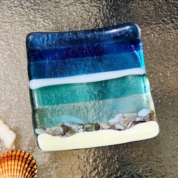 Fused Glass Beach Plate, Turquoise Blue Sea Glass Jewelry Keeper, Sand Beach Tea Bag Holder, Ring Holder, Ocean Soap Dish