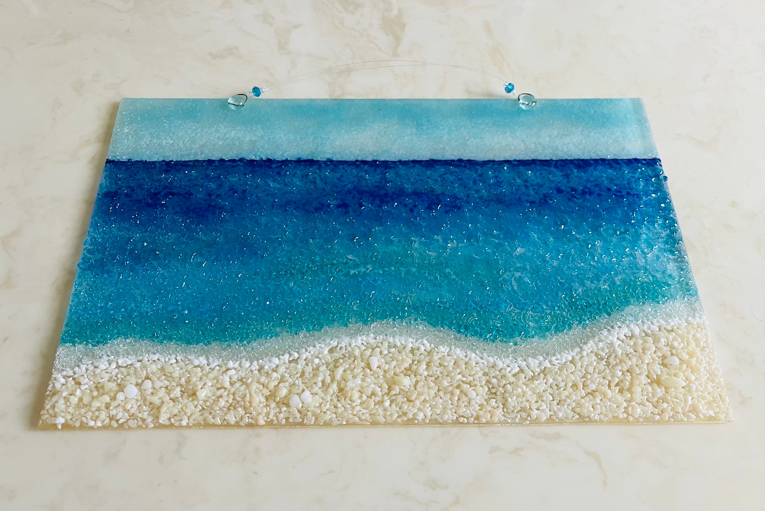 フューズドガラスのビーチウォールアート、ターコイズブルーの海の波