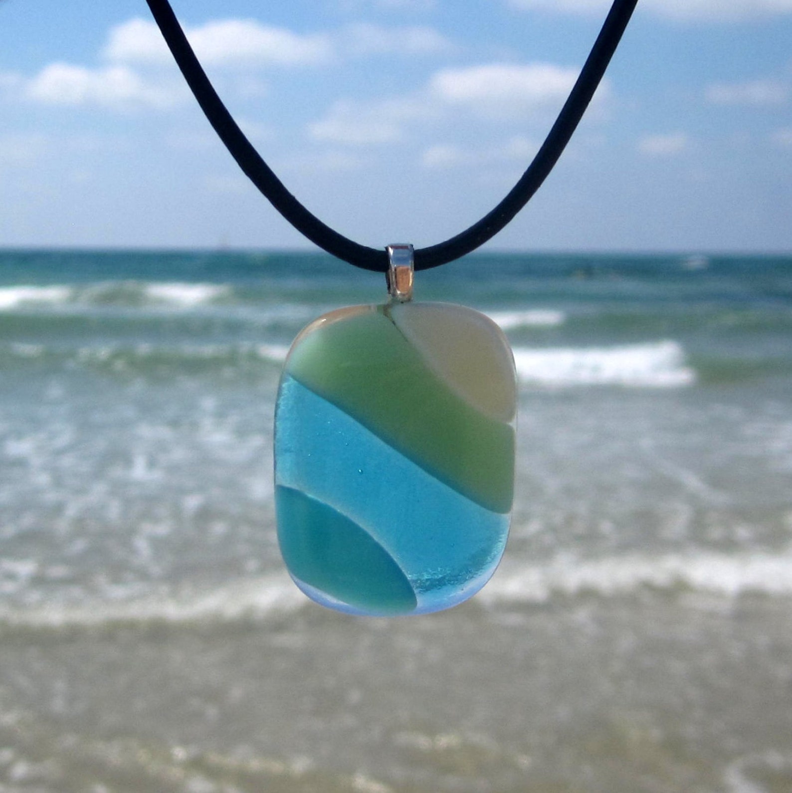 Fused Glass Necklace Ocean Beach Glass Pendant Turquoise | Etsy