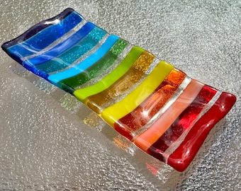 Fused Glass Rainbow Plate, Rainbow Glass Art, Pride Spoon Rest, Rainbow Sushi Dish, Kitchen Decor