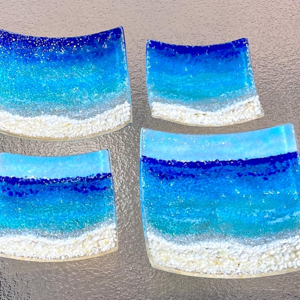 Plato de playa de vidrio fusionado, joyero con forma de océano, jabonera