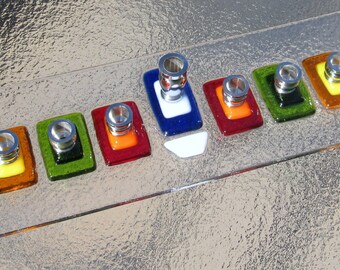 Glass Menorah, Hanukkah Menorah, Fused Glass Colorful Menorah in Red, Green, Orange, Yellow, Turquoise, Blue, White, Bat Mitzvah Gift