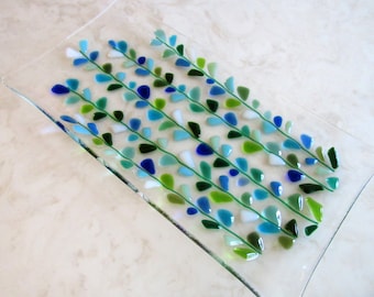 Fused Glass Serving Tray, Flowers Platter, Blooming Branches in Blue, Turquoise, White, Mother's Day Serving Plate