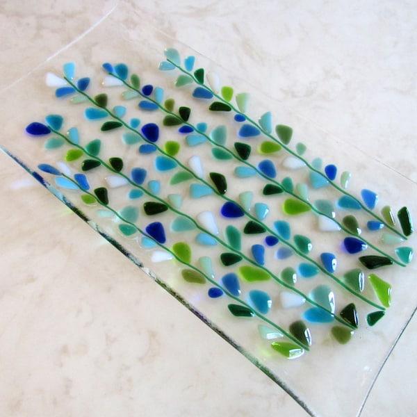 Fused Glass Serving Tray, Flowers Platter, Blooming Branches in Blue, Turquoise, White, Mother's Day Serving Plate