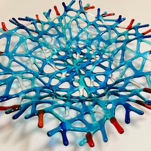 Fused Glass Coral Bowl, Blue and Orange Large Branching Coral Wall Decor, Turquoise Blue Ocean Waves Ruffle Bowl, Beach Glass Art