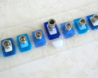 Menorah, Fused Glass Hanukkah Menorah in Turquoise, Blue and White, Modern, Jewish Wedding Registry