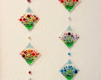 Fused Glass Flower Mobile, Wildflower Suncatcher, Spring Decor